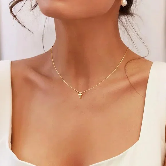 Women 01 Tiny Cross - Gold 14K Gold Silver Cross Necklace - Non Tarnish Jewelry - Picture 3 of 9